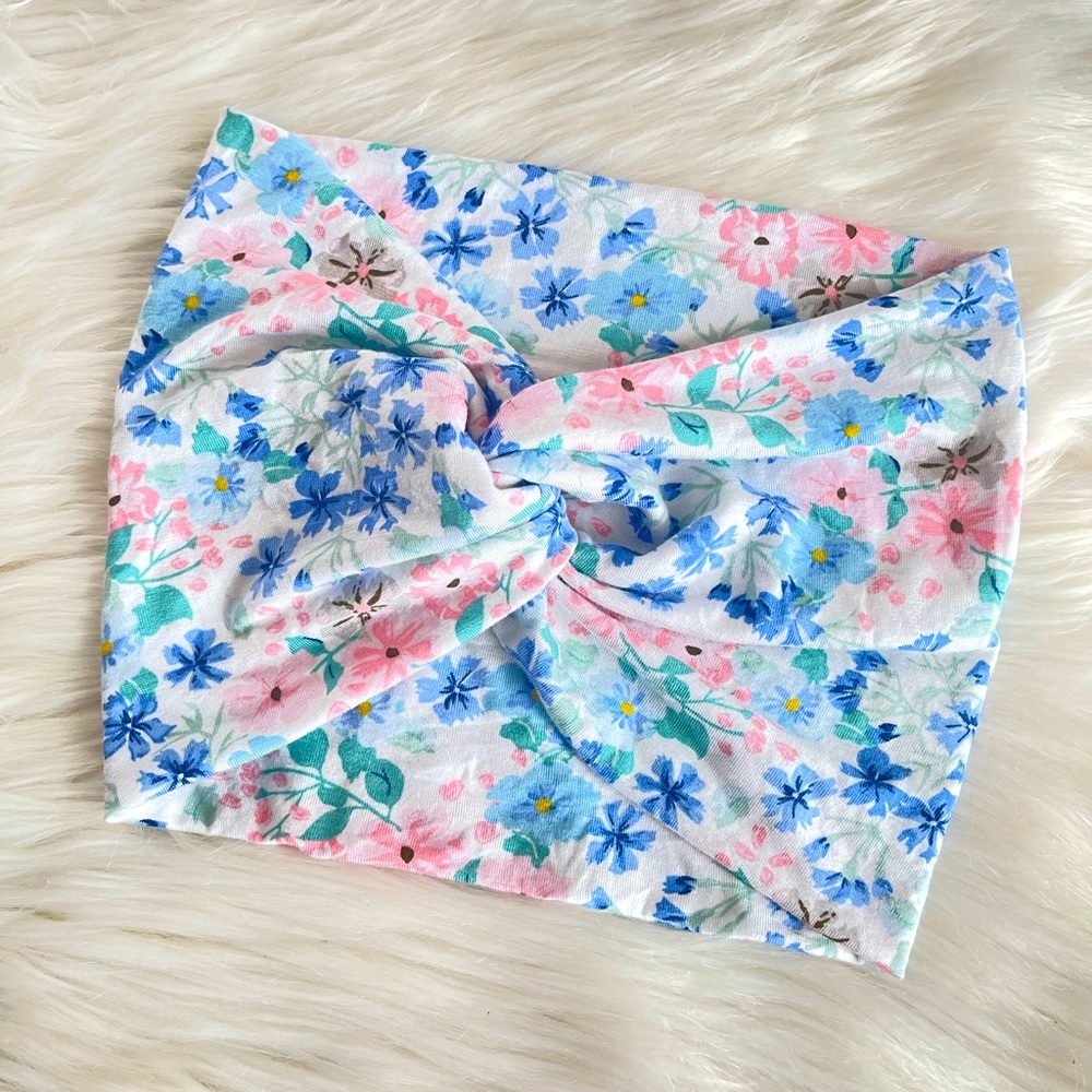 White & Blue Floral Print Jersey Knit WideTwisted Headband, Spring Headwraps